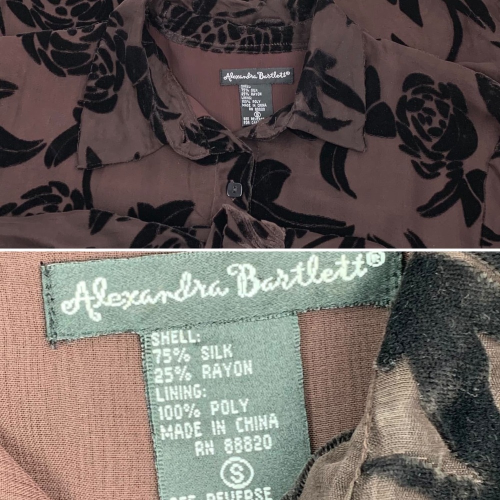 90's brown silk button down blouse with black velvet roses and sheer sleeves - Picture 16 of 16